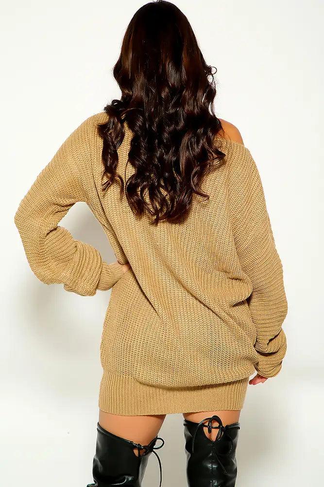 Camel Long Sleeve Knitted Sweater Dress - AMIClubwear