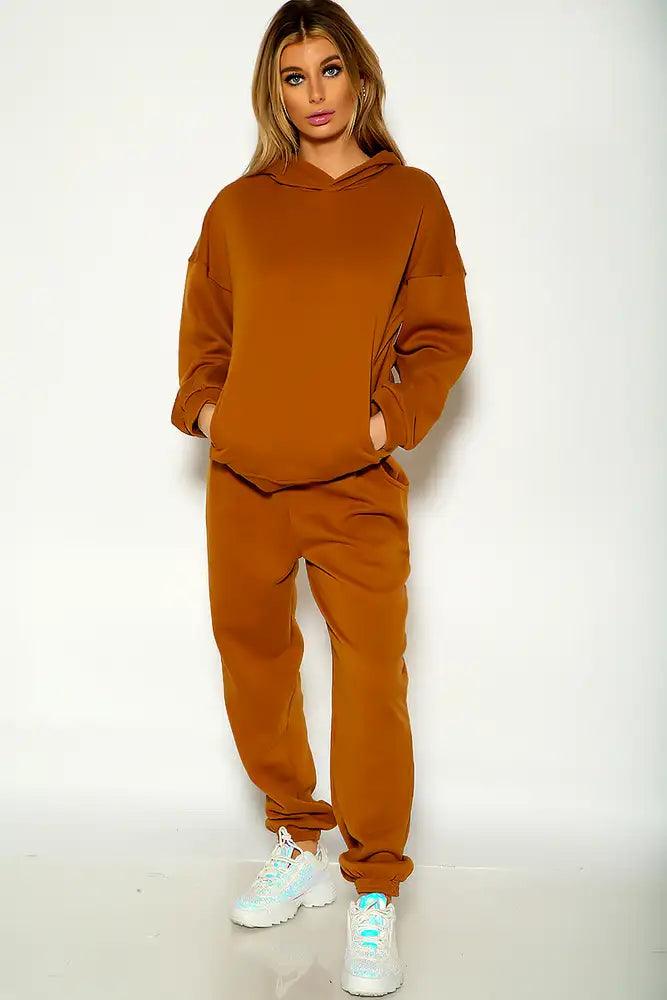 Camel Long Sleeve Pull Over Two Piece Cozy Lounge Wear Outfit - AMIClubwear