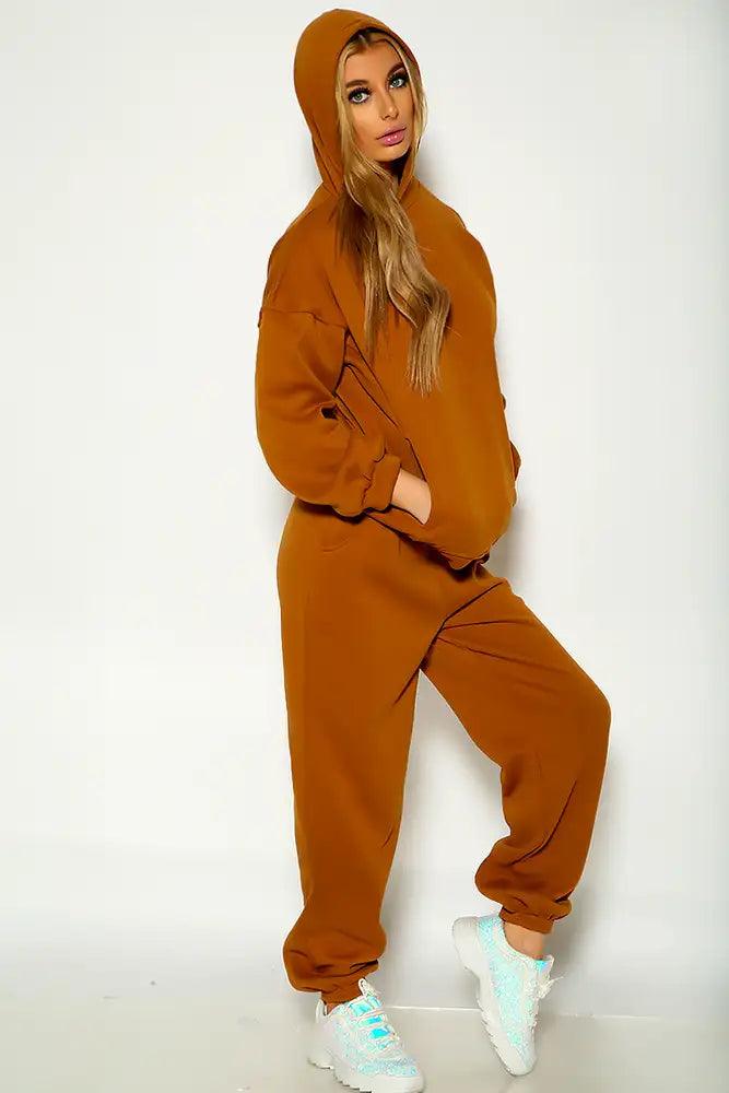 Camel Long Sleeve Pull Over Two Piece Cozy Lounge Wear Outfit - AMIClubwear