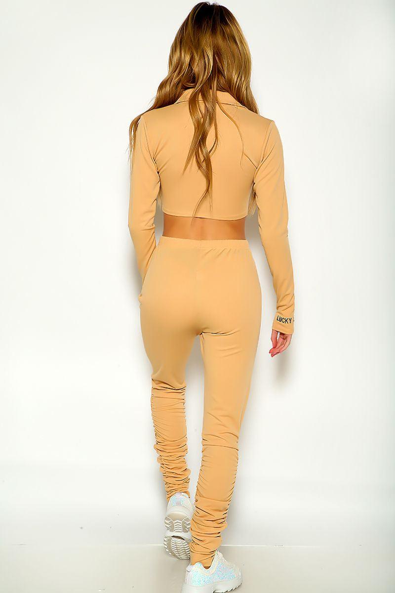 Camel Long Sleeve Ribbed Cropped Two Piece Lounge Wear Set - AMIClubwear