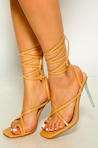 Camel Patent Strappy Criss Cross High Heels - AMIClubwear