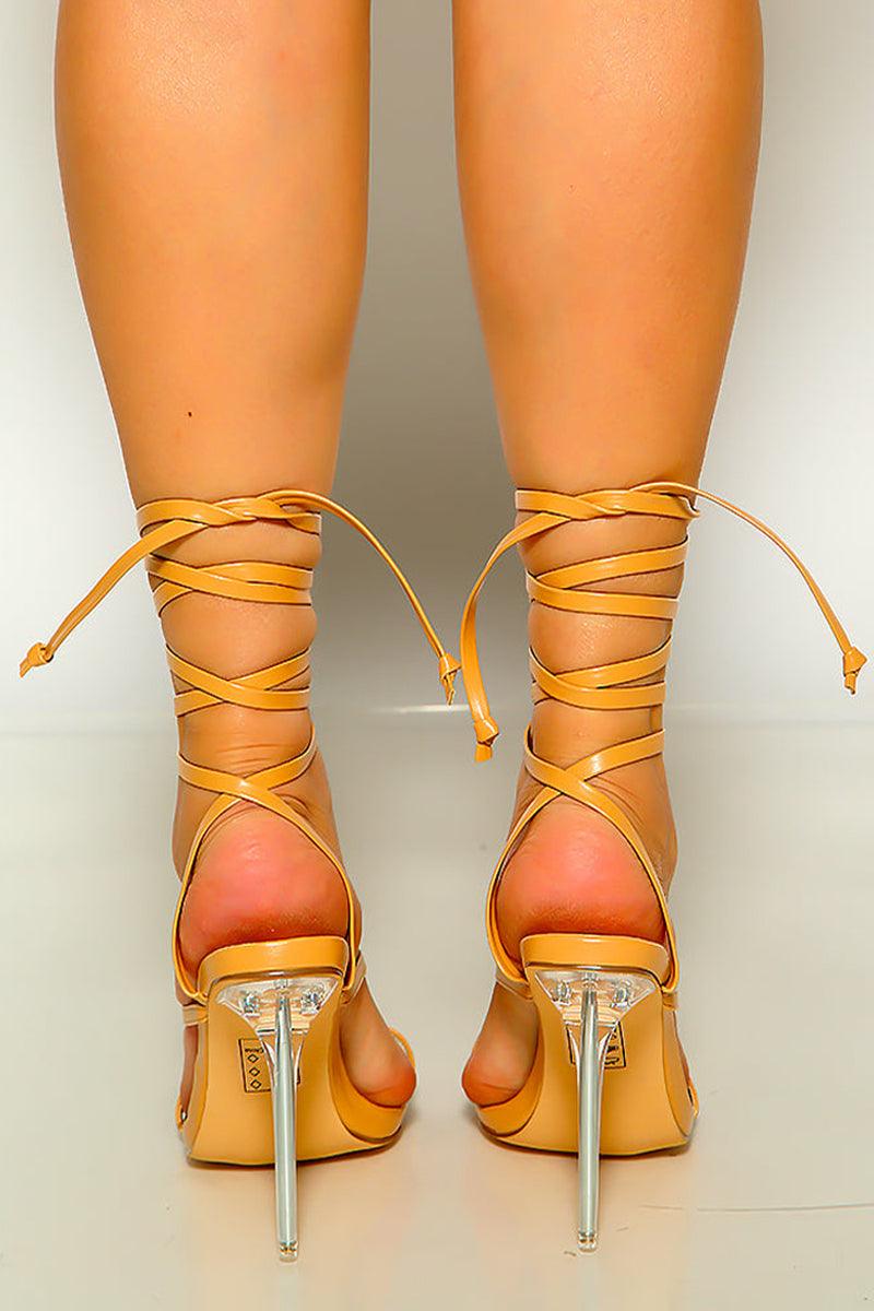 Camel Patent Strappy Criss Cross High Heels - AMIClubwear