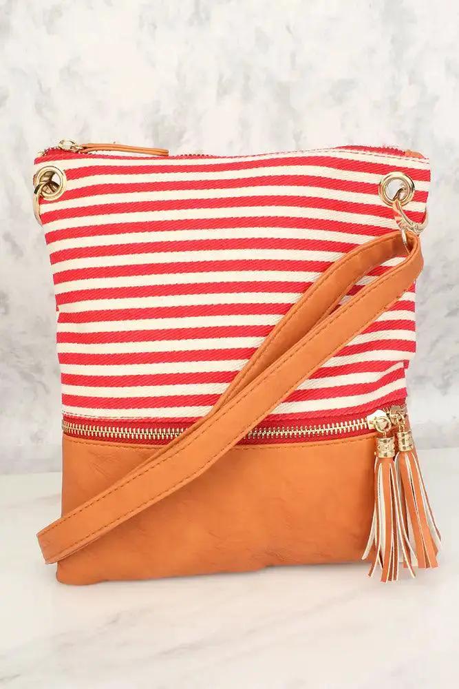 Camel Red Striped Faux Leather Shoulder Handbag