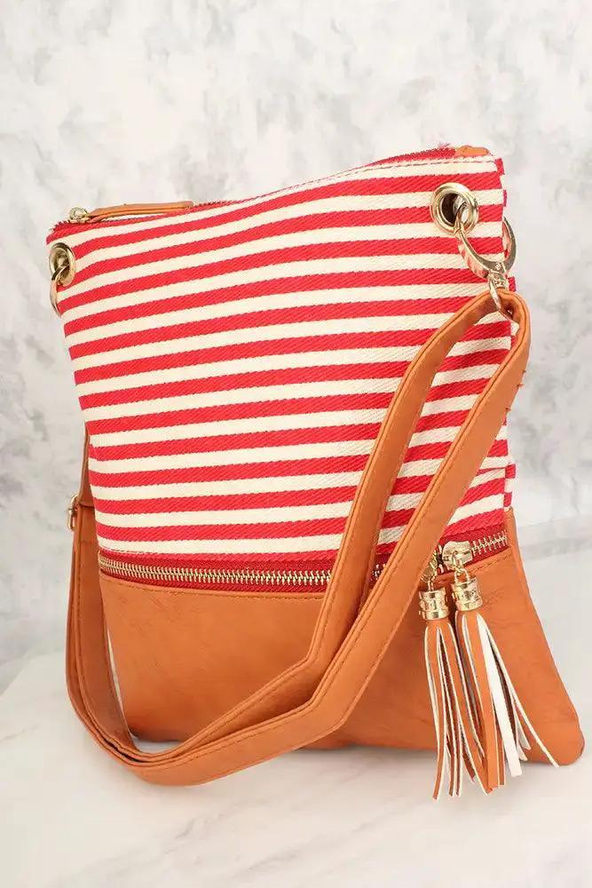 Camel Red Striped Faux Leather Shoulder Handbag