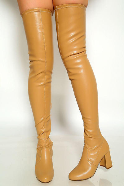 Columbia Round Toe Faux Leather Thigh High Chunky Heel Boots - AMIClubwear