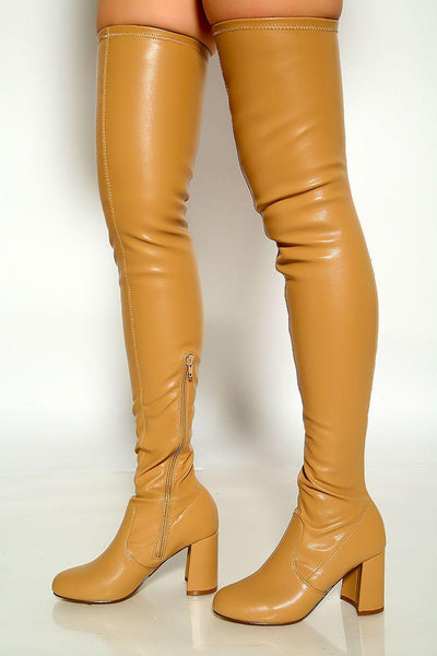 Columbia Round Toe Faux Leather Thigh High Chunky Heel Boots - AMIClubwear
