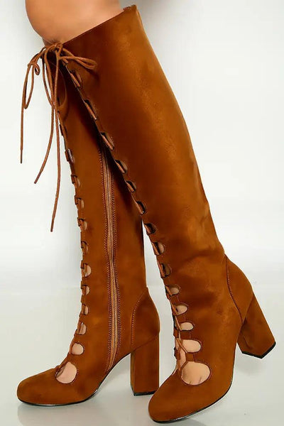 Camel Round Toe Lace Up Chunky Heel Boots - AMIClubwear