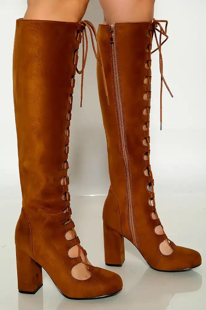 Camel Round Toe Lace Up Chunky Heel Boots - AMIClubwear