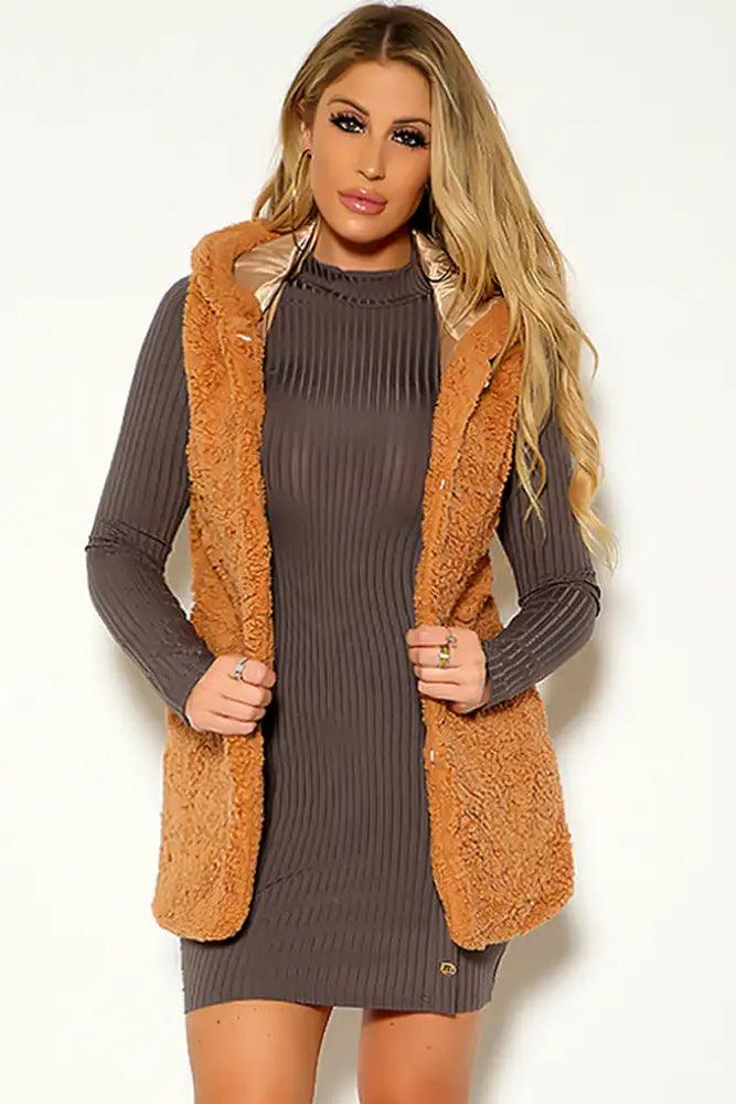 Camel Sleeveless Sherpa Hodded Vest - AMIClubwear