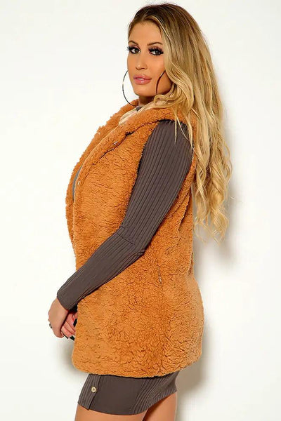 Camel Sleeveless Sherpa Hodded Vest - AMIClubwear