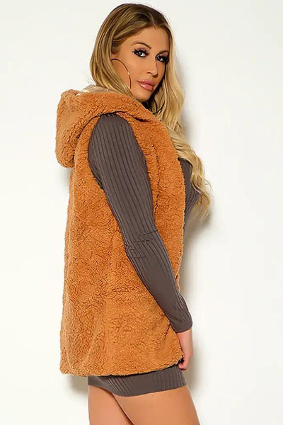 Camel Sleeveless Sherpa Hodded Vest - AMIClubwear