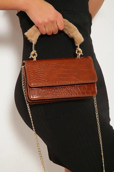 Camel Snake Print Faux Fur Handbag - AMIClubwear