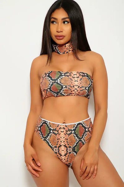 Camel Snake Print Three Piece Swimsuit - AMIClubwear