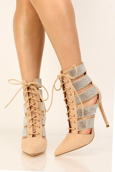 Camel Suede Pointy Toe Lace Up Booties - AMIClubwear