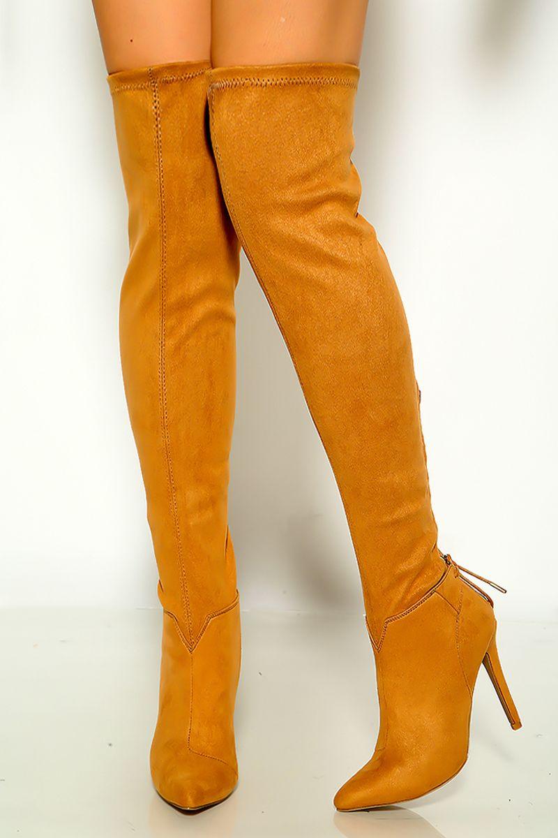 Camel Suede Pointy Toe Over The Knee Boots - AMIClubwear