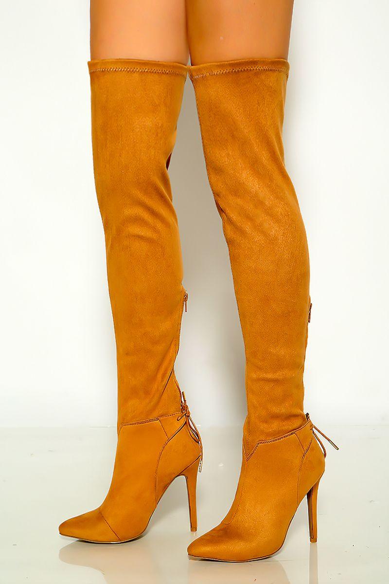 Camel Suede Pointy Toe Over The Knee Boots - AMIClubwear