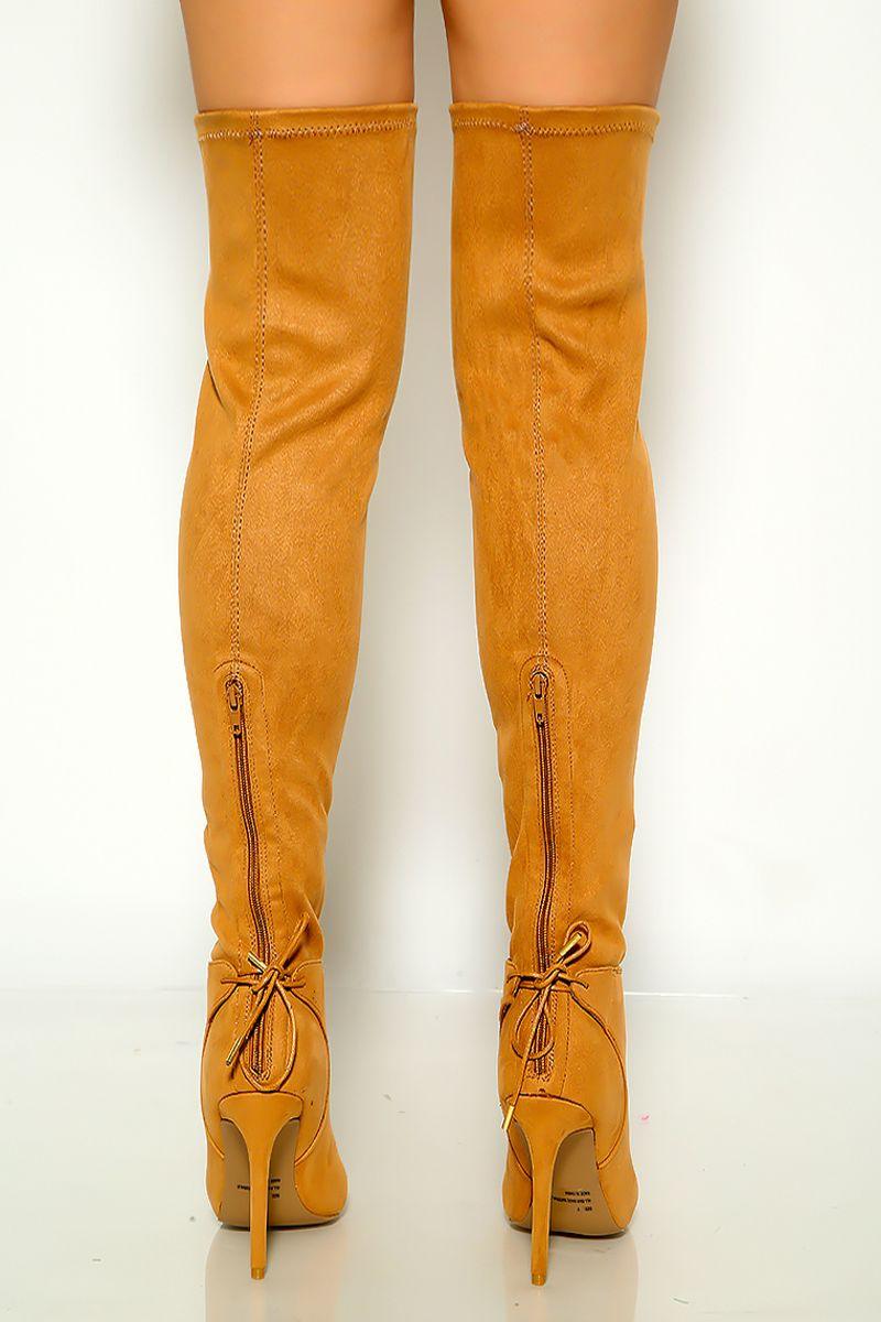 Camel Suede Pointy Toe Over The Knee Boots - AMIClubwear