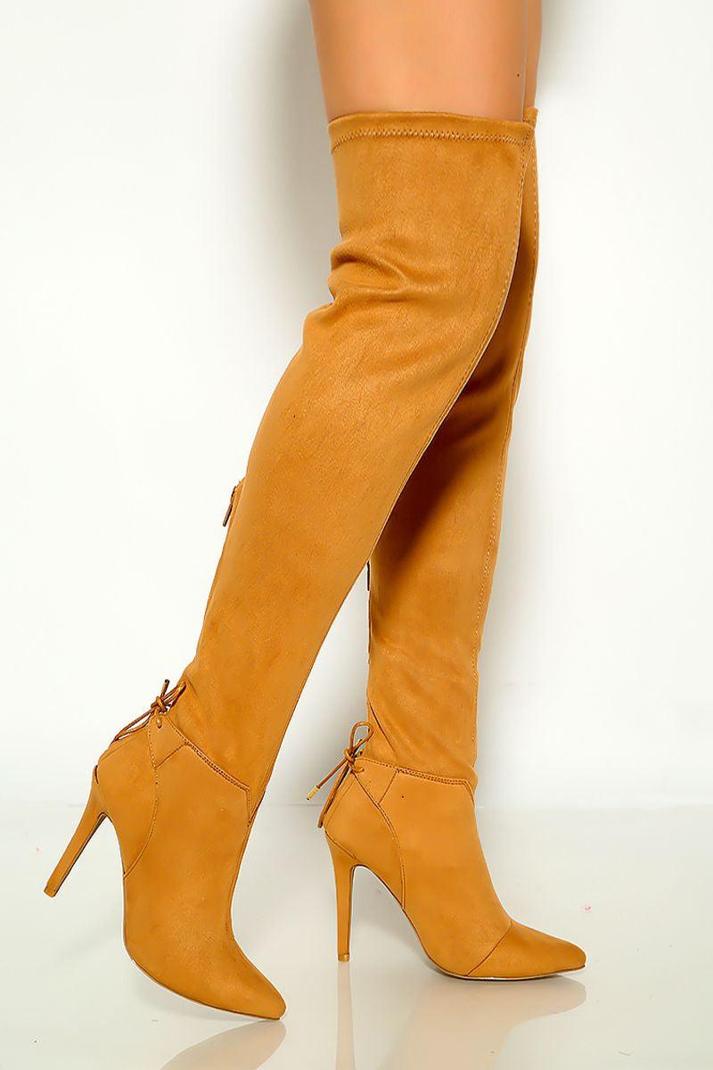 Camel Suede Pointy Toe Over The Knee Boots - AMIClubwear