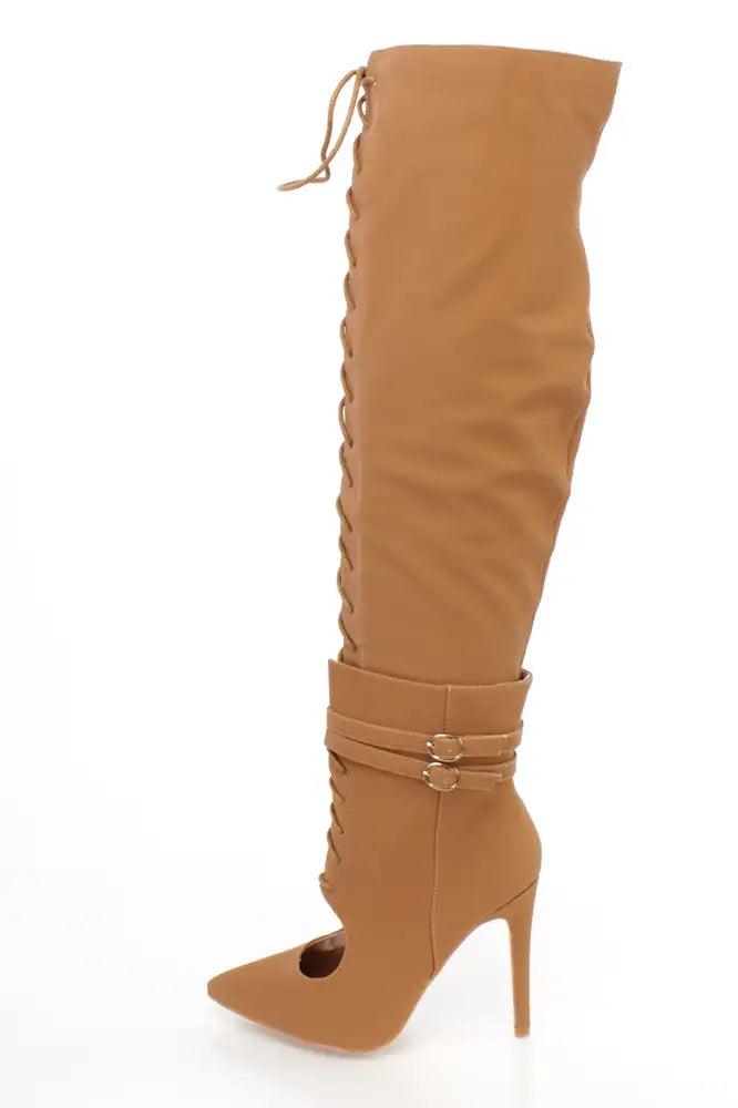 Camel Thigh High Lace Up High Heel Boots Nubuck - AMIClubwear