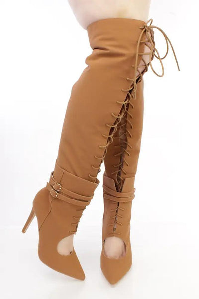 Camel Thigh High Lace Up High Heel Boots Nubuck - AMIClubwear