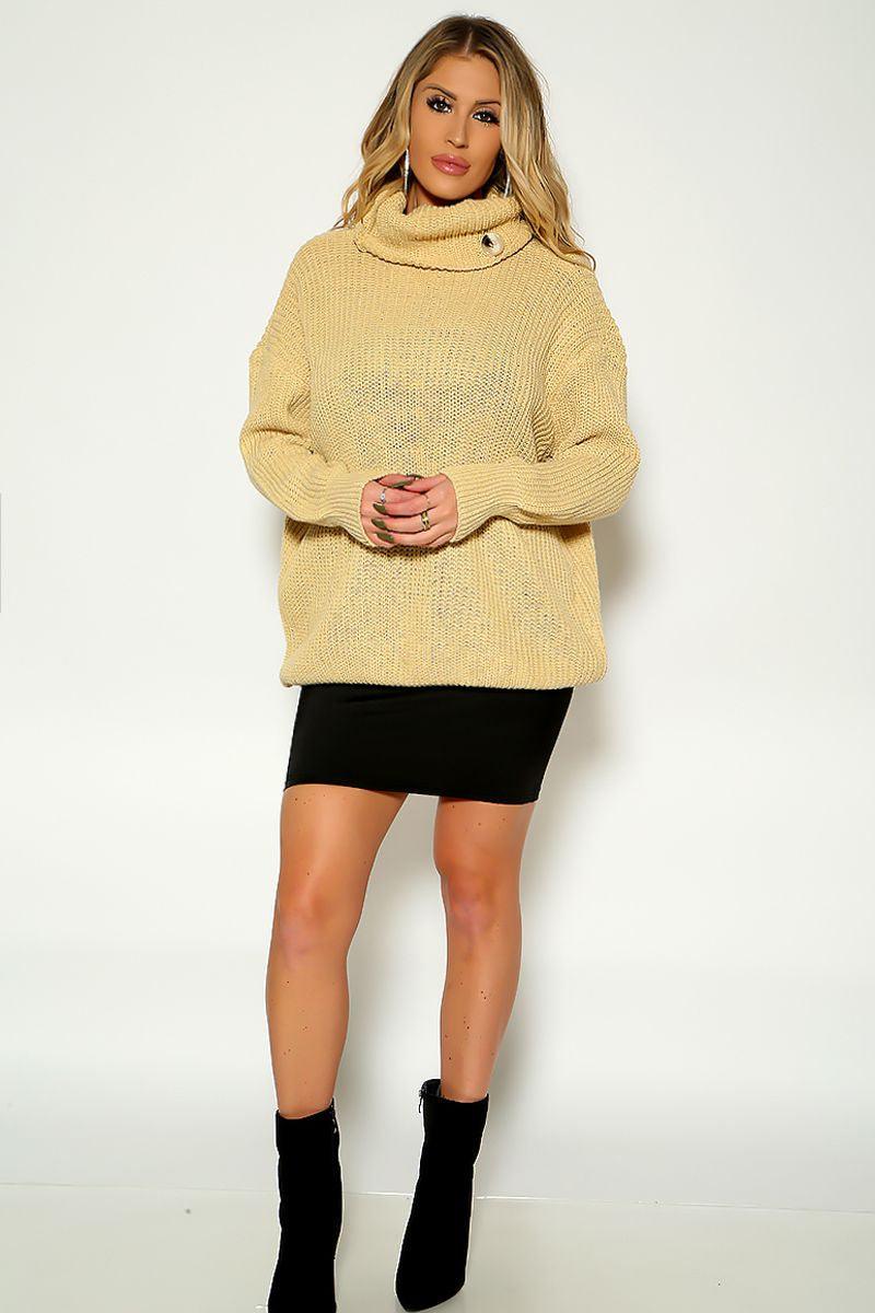 Camel Turtle Neck Long Sleeve Knitted Sweater - AMIClubwear