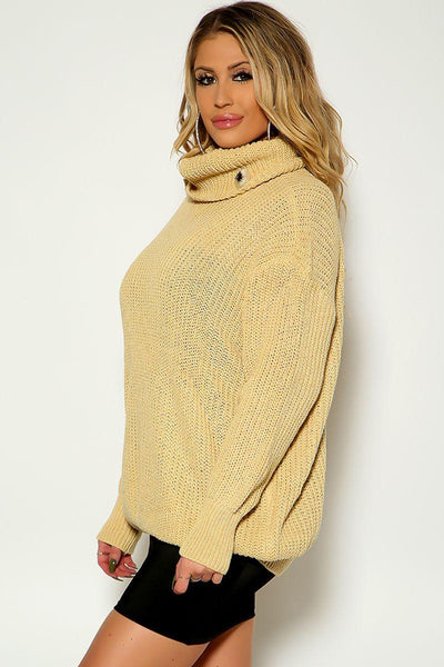 Camel Turtle Neck Long Sleeve Knitted Sweater - AMIClubwear