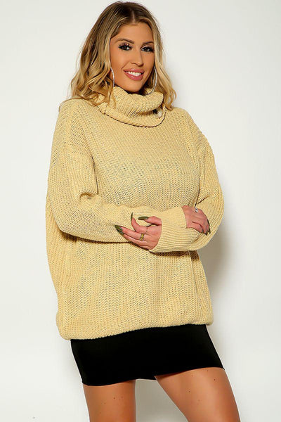 Camel Turtle Neck Long Sleeve Knitted Sweater - AMIClubwear