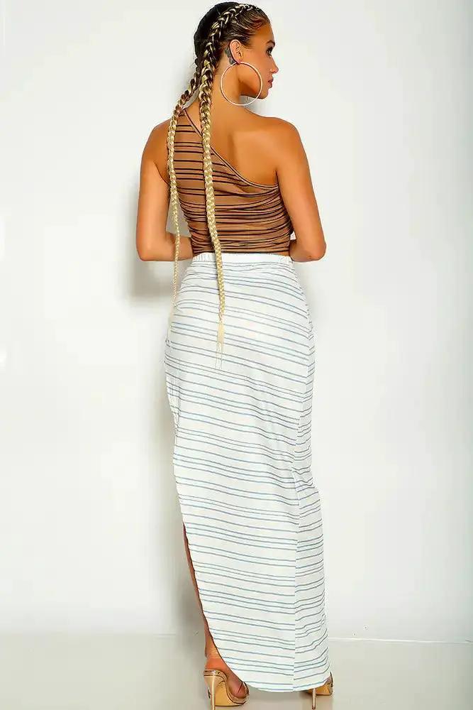 Camel White One Shoulder Striped Cropped Two Piece Dress