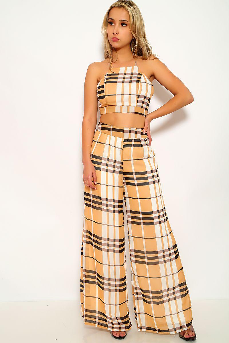 Camel White Sleeveless Two Piece Outfit - AMIClubwear