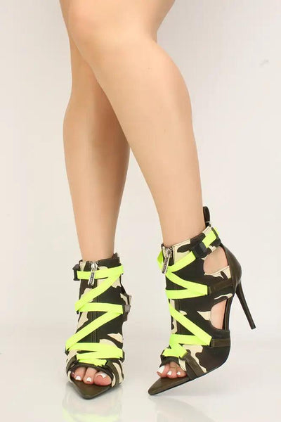 Camo Cut Out Strappy Peep Toe High Heels - AMIClubwear