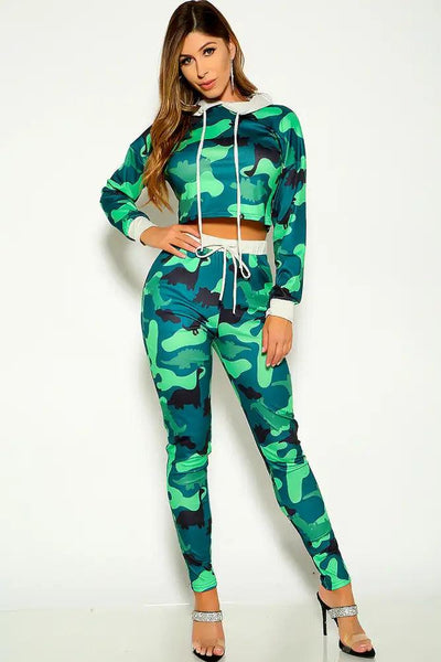 Camo Dinosaur Long Sleeve Hooded Two Piece Lounge Outfit - AMIClubwear