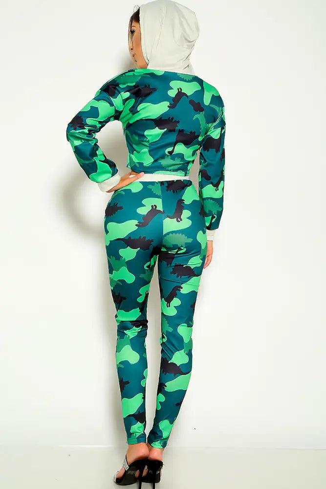 Camo Dinosaur Long Sleeve Hooded Two Piece Lounge Outfit - AMIClubwear