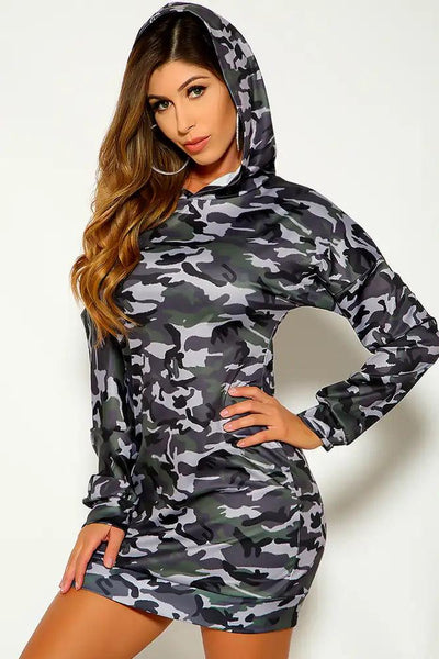 Camo Long Sleeve Cut Out Hooded Casual Dress - AMIClubwear