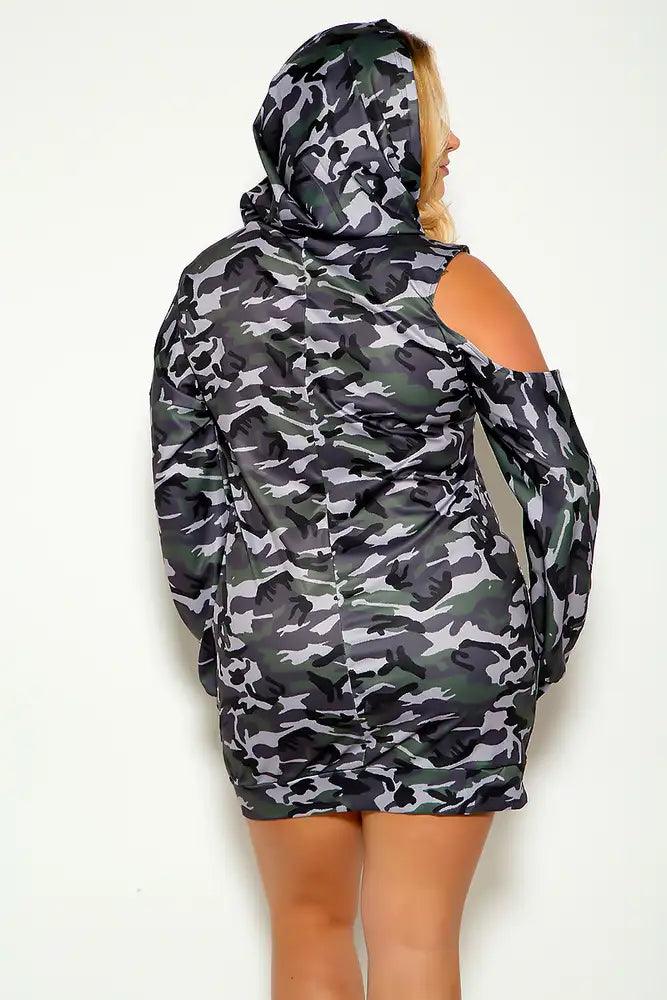 Camo Plus Size Long Sleeve Cut Out Hooded Casual Dress - AMIClubwear