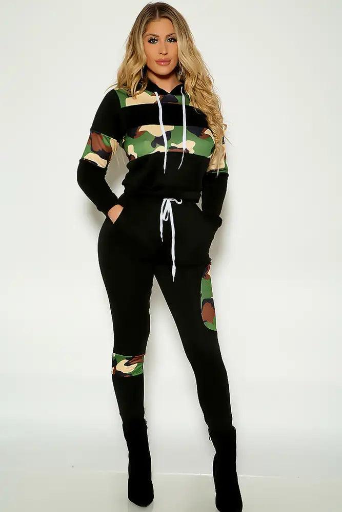 Camo Print Long Sleeve Hooded Two Piece Lounge Outfit - AMIClubwear