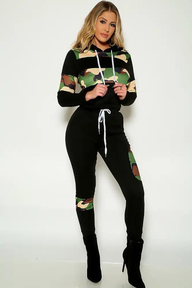 Camo Print Long Sleeve Hooded Two Piece Lounge Outfit - AMIClubwear
