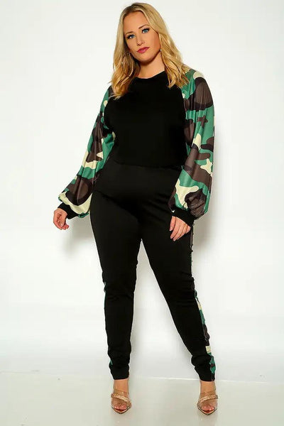 Camo Print Long Sleeve Plus Size Two Piece Outfit - AMIClubwear