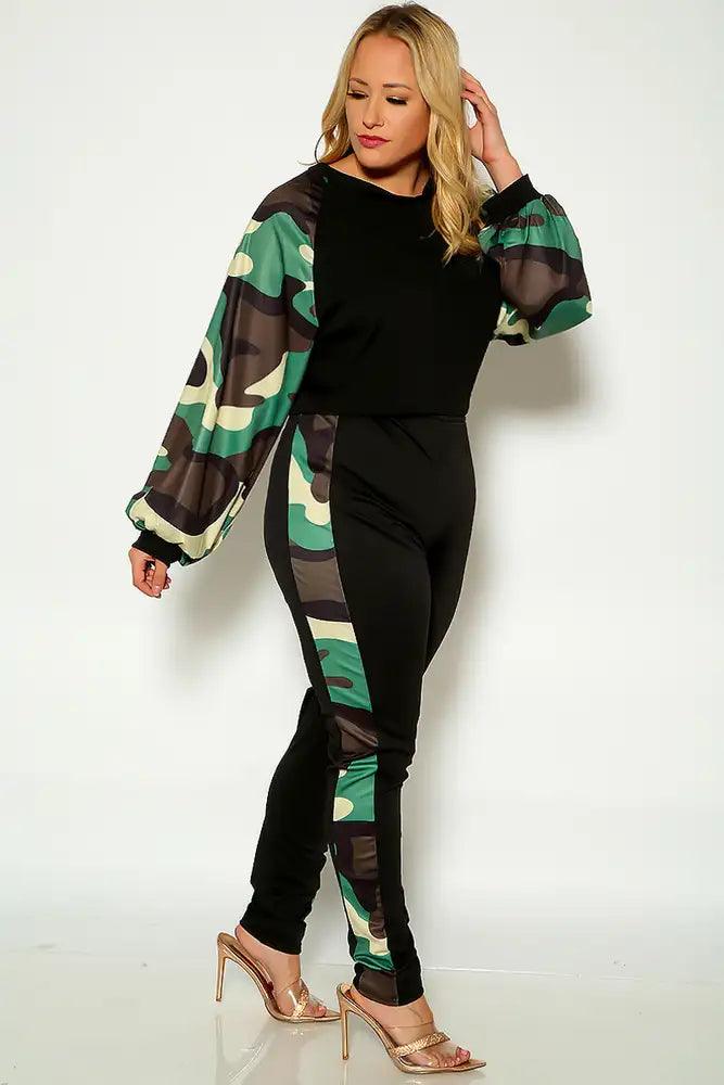 Camo Print Long Sleeve Plus Size Two Piece Outfit - AMIClubwear