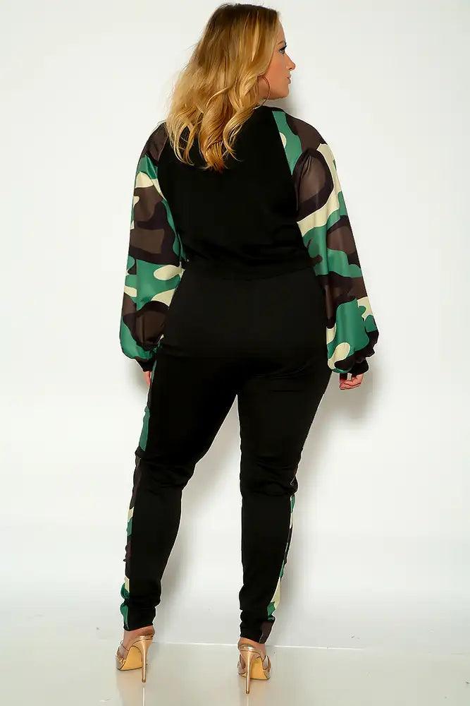 Camo Print Long Sleeve Plus Size Two Piece Outfit - AMIClubwear