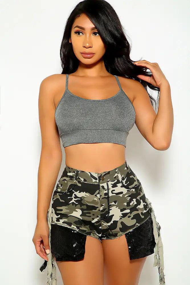 Camouflage Black Sequin Denim Shorts - AMIClubwear