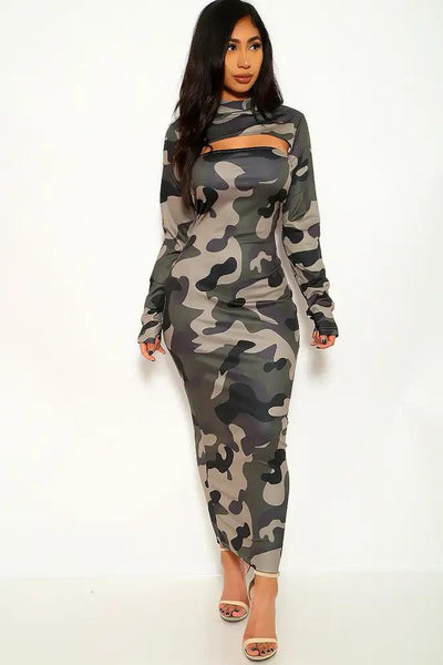 Camouflage Print Long Sleeve Two Piece Dress - AMIClubwear