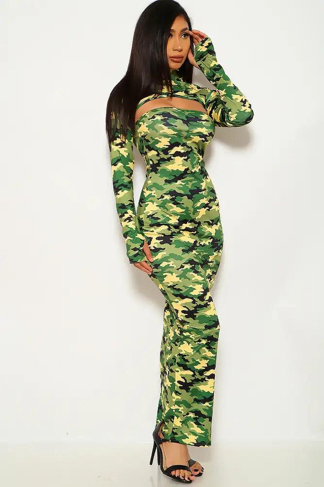 Camouflage Print Long Sleeve Two Piece Dress - AMIClubwear