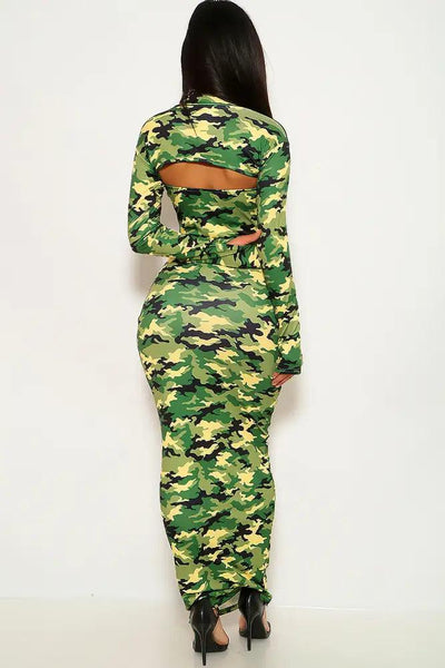 Camouflage Print Long Sleeve Two Piece Dress - AMIClubwear