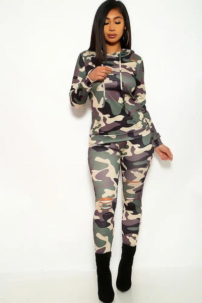 Camouflage Print Long Sleeve Two Piece Outfit - AMIClubwear