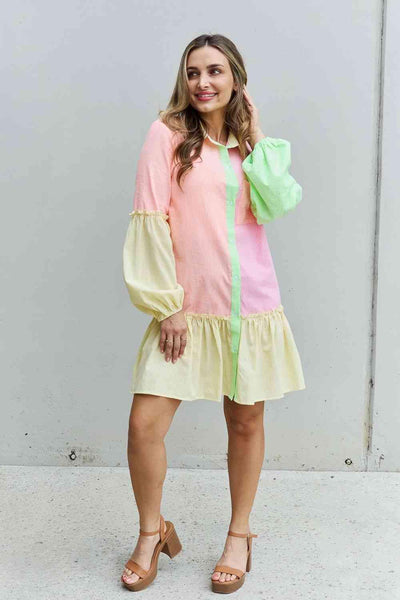 Davi & Dani Flying Colors Full Size Colorblock Long Sleeve Shirt Dress - AMIClubwear