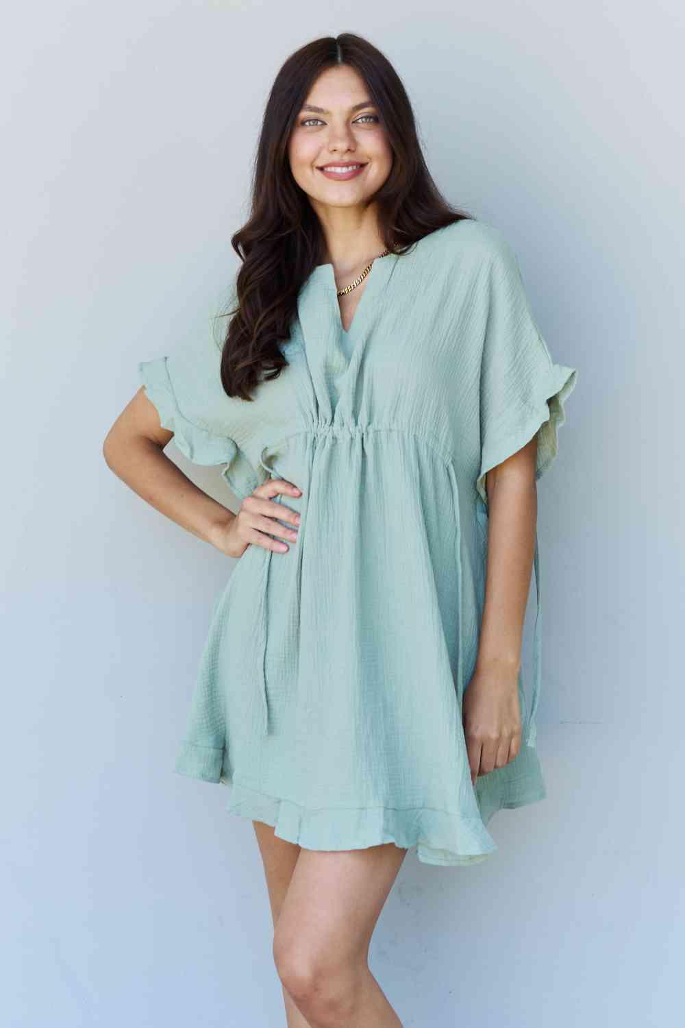 Ninexis Out Of Time Full Size Ruffle Hem Dress with Drawstring Waistband in Light Sage - AMIClubwear