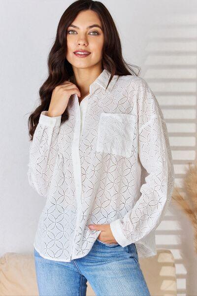 Rousseau Long Sleeve Button Up Eyelet Shirt - AMIClubwear