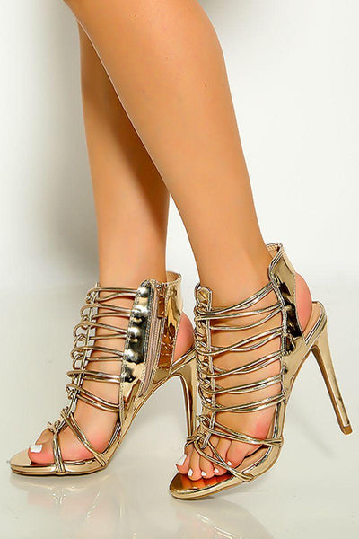 Champagne Open Toe Caged Strappy High Heels - AMIClubwear