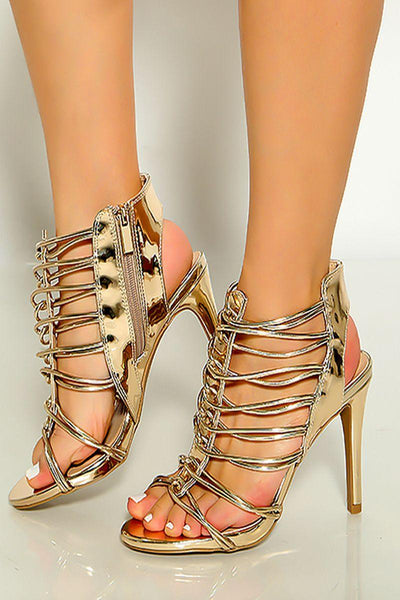 Champagne Open Toe Caged Strappy High Heels - AMIClubwear