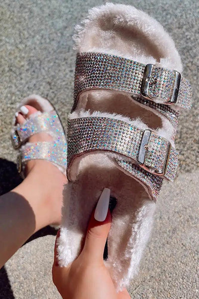 Champagne Open Toe Rhinestone Faux Fur Buckle Sandals - AMIClubwear